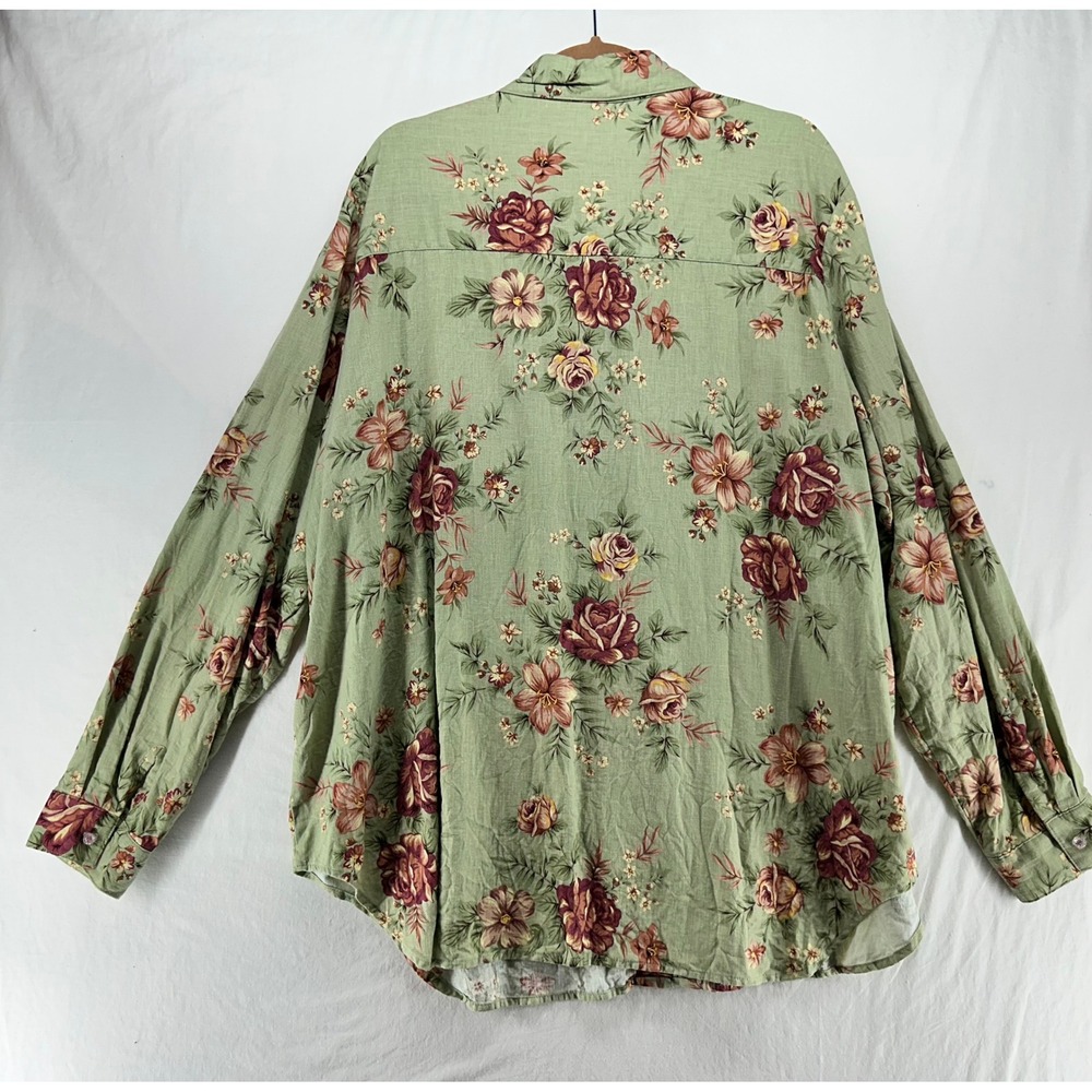 Coldwater Creek Women 3X Linen Blend Floral Button Up Shirt Sage Green LS - Picture 2 of 7